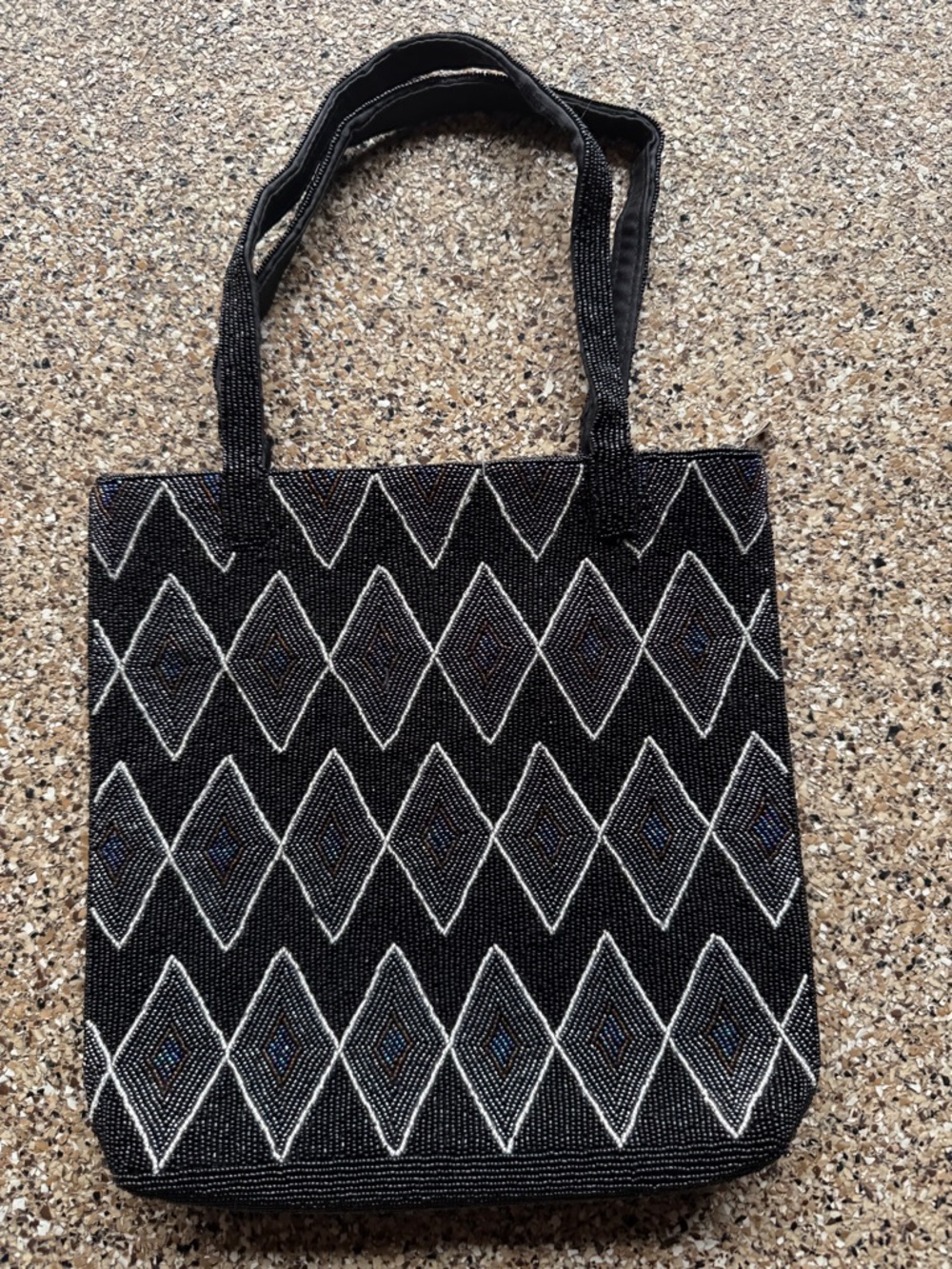 Black Beaded Tote Bag with Geometric Diamond Pattern